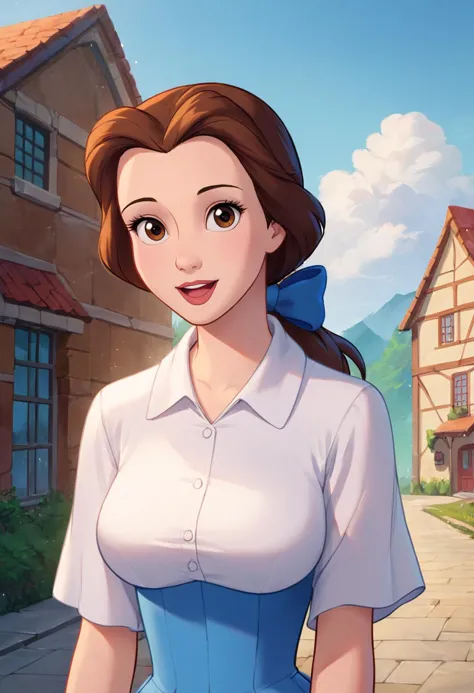 a cartoon image of a woman in a blue dress standing in front of a house