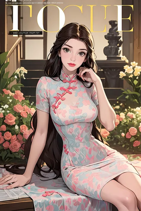 a close up of a woman sitting on a table with a flowered dress