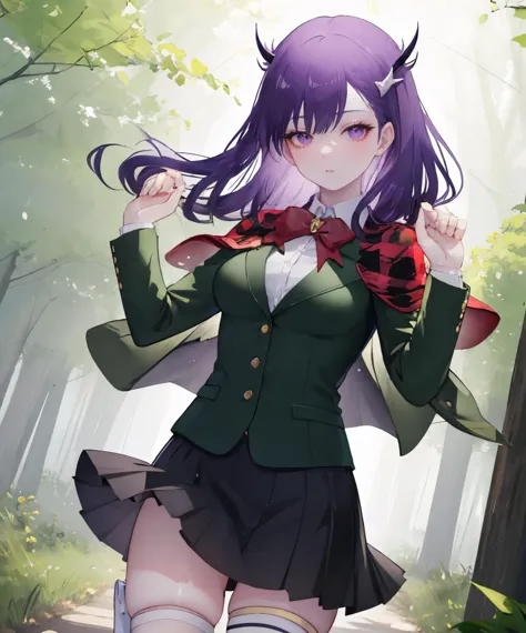 anime girl in a green jacket and skirt walking through a forest