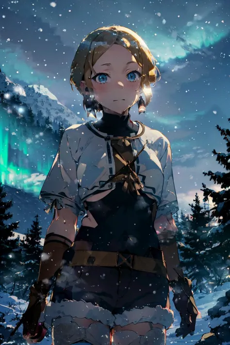 a woman standing in the snow with a sword and a snowboard