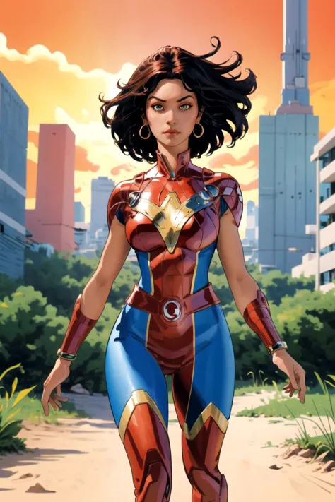 TerryDodson Style, Very Beautiful Cartoon Painting of a Superhero woman in africa with background City, Johannesburg, hd highly detailed trending artstation Symmetrical, <lora:TerryDodsonStyle:0.8>