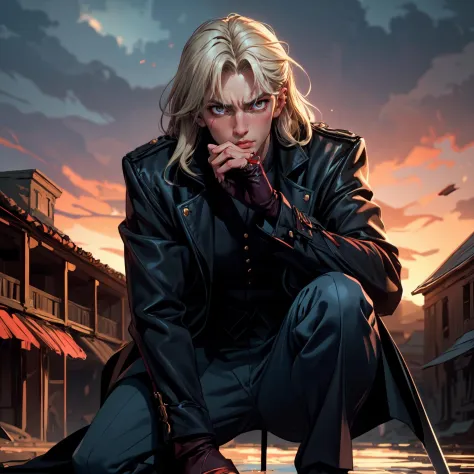 Alucard, with piercing crimson eyes (intensity:1.3), blonde hair, stands tall and imposing in a tailored black coat (material: fine wool) that gracefully cascades to his knees. His silver hair (brightness:1.1) flows like liquid mercury, contrasting with his porcelain-like pale skin (tone:1.2). A brooding aura surrounds him, accentuating his enigmatic expression (mood: mystery) that hints at untold secrets. The ambient lighting (natural light: sunset) casts intriguing shadows on his sharp features, emphasizing his strong jawline and aristocratic nose. In the background, a vintage Gothic architecture (style:1) adds a sense of antiquity, enhancing the photo's mysterious allure. An unconventional angle (perspective: dramatic) captures Alucard in a contemplative pose (pose:1) with his gloved hand resting on the hilt of a finely crafted katana (object:1.1), further reflecting his complex persona, <lora:add_detail:1>