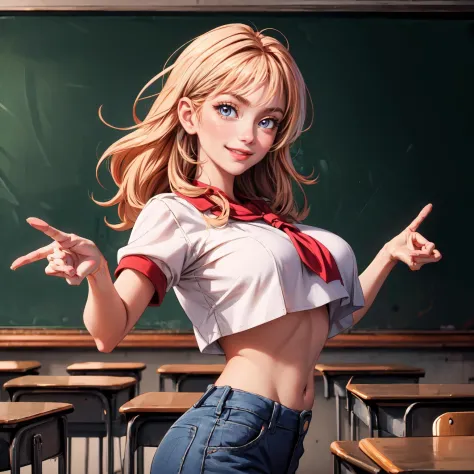 1girl, huge breasts, crop top, sexy, cute, detailed, masterpiece, high quality, absurdres, dynamic pose, smiling, detailed background, classroom, perfect hands,<lora:add_detail:1>