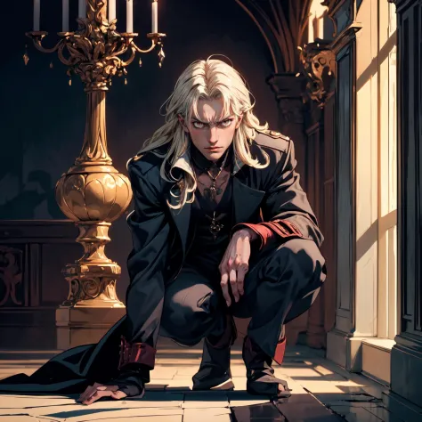 Alucard, with piercing crimson eyes (intensity:1.3), blonde hair, stands tall and imposing in a tailored black coat (material: fine wool) that gracefully cascades to his knees. His silver hair (brightness:1.1) flows like liquid mercury, contrasting with his porcelain-like pale skin (tone:1.2). A brooding aura surrounds him, accentuating his enigmatic expression (mood: mystery) that hints at untold secrets. The ambient lighting (natural light: sunset) casts intriguing shadows on his sharp features, emphasizing his strong jawline and aristocratic nose. In the background, a vintage Gothic architecture (style:1) adds a sense of antiquity, enhancing the photo's mysterious allure. An unconventional angle (perspective: dramatic) captures Alucard in a contemplative pose (pose:1) with his gloved hand resting on the hilt of a finely crafted katana (object:1.1), further reflecting his complex persona, <lora:add_detail:1>