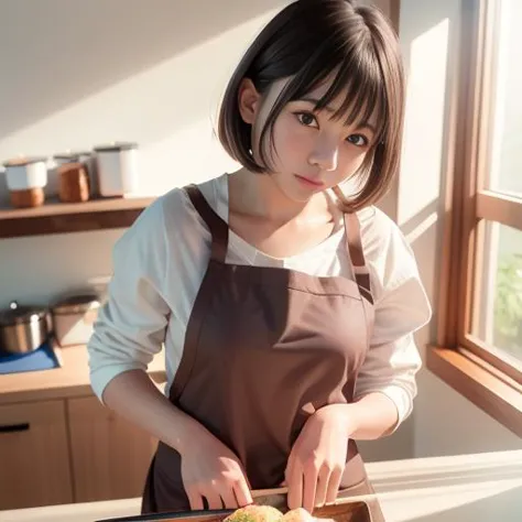 there is a woman cutting a doughnut on a cutting board