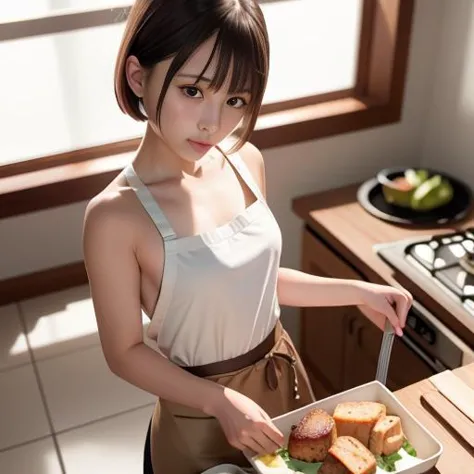 there is a woman standing in a kitchen holding a plate of food