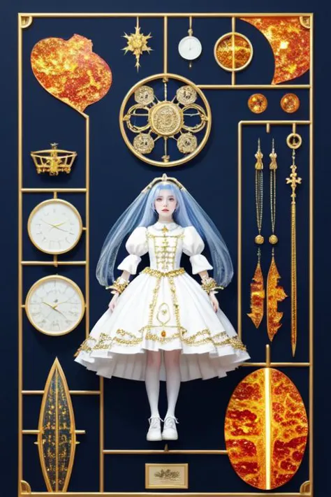 a close up of a doll in a dress with a clock and other items