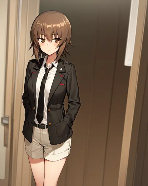 masterpiece,best quality, 1girl,solo,girls und panzer, nishizumi maho, 
brown hair, brown eyes, short hair,
office, black_suit, ...