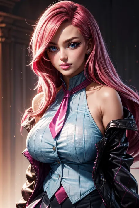 a woman with pink hair and a blue top is posing