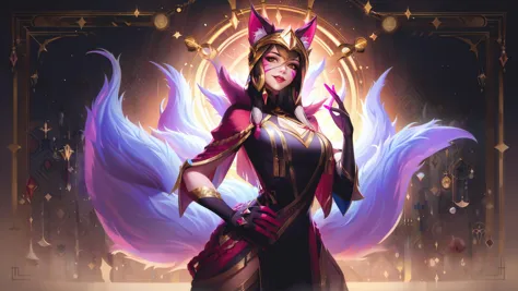 lolsplashart, arcana ahri skin, 1girl, solo, long hair, breasts, looking at viewer, smile, large breasts, gloves, animal ears, t...