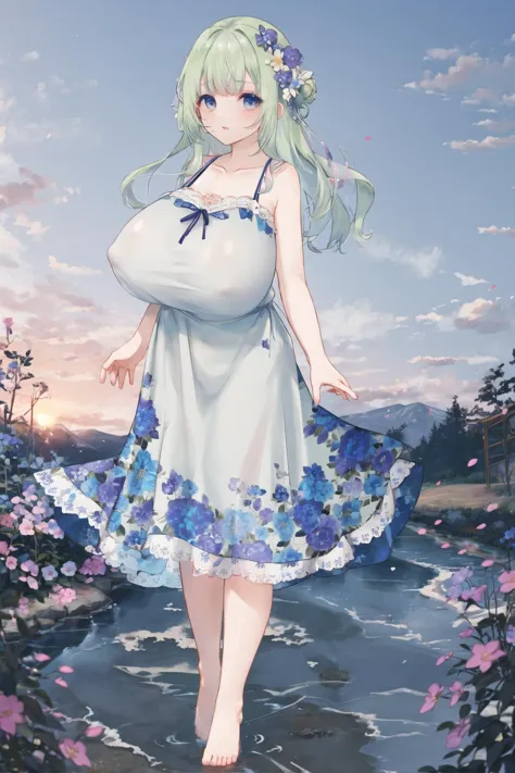 <lora:floralng:0.6>, (floral nightgown:1.2), full body, gigantic breasts, night, outdoors, <lora:3ly:0.6>, looking at viewer