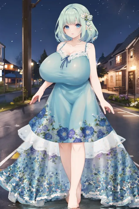 <lora:floralng:0.6>, (floral nightgown:1.2), full body, gigantic breasts, night, outdoors, <lora:3ly:0.6>, looking at viewer