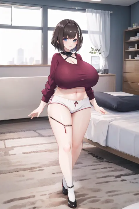 <lora:impshorts-10:0.6>, (impossible shorts), <lora:3ly2-10:0.6>, shirt, midriff, looking at viewer, gigantic breasts, smile, indoors, looking at viewer, full body, bedroom, lips