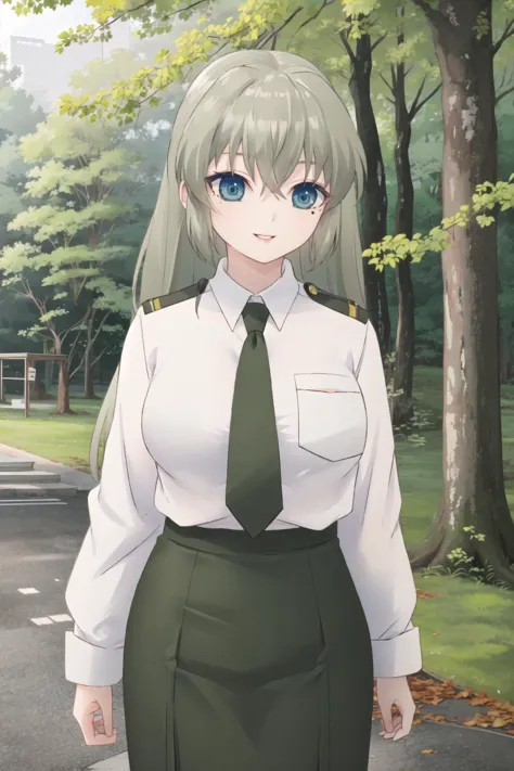 <lora:3ly3-10:0.6>, smile, lips, <lora:OotoriiAsuka-10:0.6>, ootorii asuka, mole under eye, military uniform, green skirt, pencil skirt, white shirt, collared shirt, green necktie, outdoors, forest