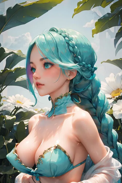 (masterpiece, best quality), 1girl, Aqua Wrapped Braid Updo with Floral Accents, Size H breasts,    <lora:3ly3:1>