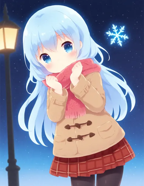 azsprinkle, 1girl, solo, depth of field, long hair, hair between eyes, blue hair, blue eyes, looking at viewer, blush, closed mouth, head tilt, hands up, red skirt, pleated skirt, black pantyhose, hair ornament, scarf, red scarf, long sleeves, brown jacket, brown coat, duffel coat, fringe trim, plaid, outdoors, night sky, night, snowflakes, lamppost