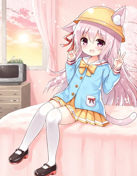 <lora:Kisaragi Cutiemagine 10i:1> 1girl, solo, kisaragi \(azur lane\), school hat, yellow headwear, long hair, hair between eyes, hair ribbon, white sailor collar, blue shirt, yellow bow, long sleeves, yellow skirt, pleated skirt, cat tail, red bow, tail bell, white thighhighs, mary janes, black footwear, leaning back, bed, bedroom, window, light rays, dappled sunlight, sunset, dusk, autumn, cherry blossoms, v, double v, happy, smile, open mouth, bookshelf, television, potted plant