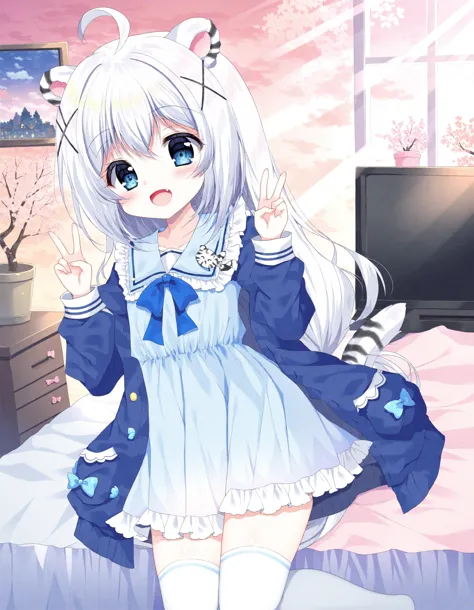 <lora:Myoya Cutiemagine 10i:1> sakurarium, 1girl, myoya, long hair, hair between eyes, ahoge, braid, X hair ornament, fang, blue jacket, open jacket, puffy sleeves, blue bow, blue dress, frilled sailor dress, white thighhighs, tiger tail, leaning back, bed, bedroom, window, light rays, dappled sunlight, sunset, dusk, autumn, cherry blossoms, v, double v, happy, smile, open mouth, bookshelf, television, potted plant