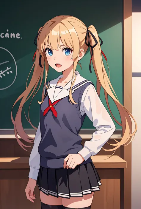 anime girl in school uniform standing in front of a blackboard