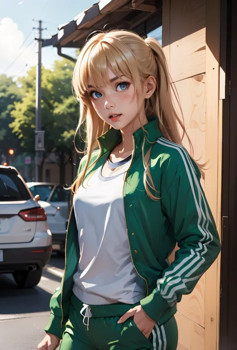 a woman in a green track suit standing on a street corner