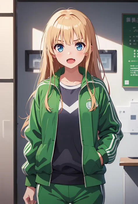 anime girl in green jacket standing in front of a counter