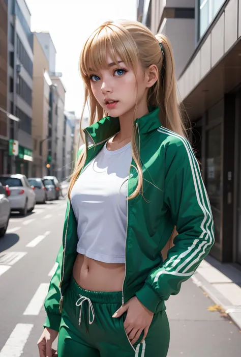 a close up of a woman in a green track suit on a city street