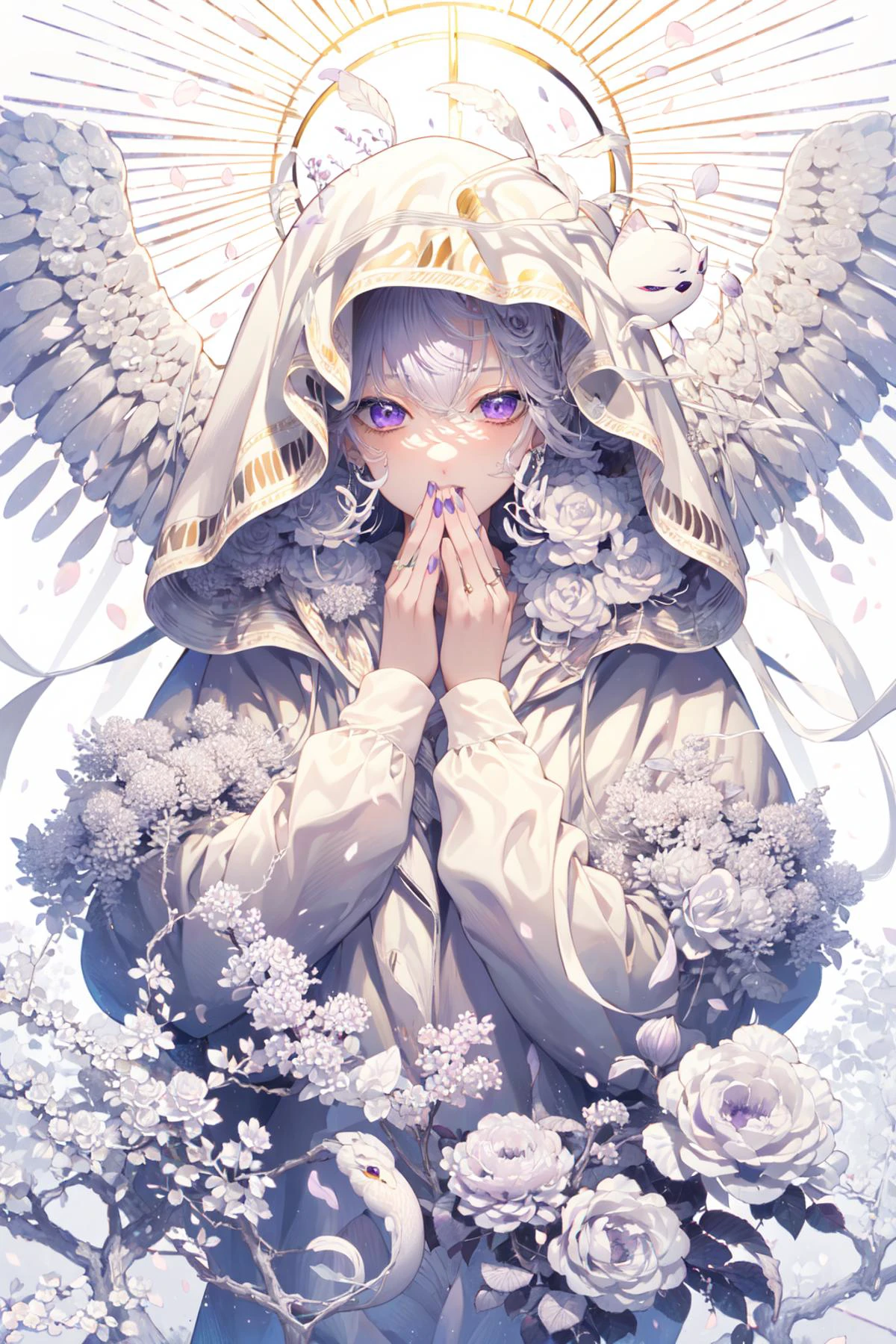 Anime angel with blue eyes and white dress surrounded by flowers - SeaArt AI