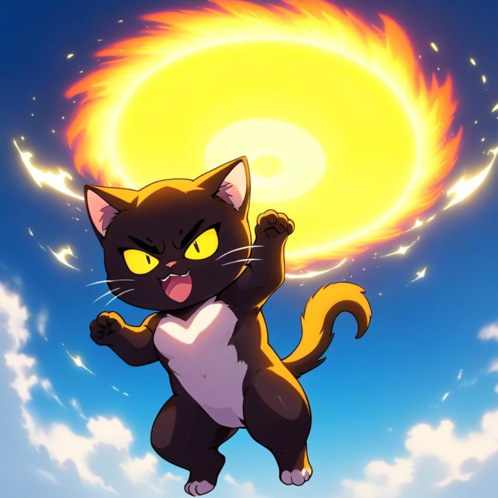 Anime cat watching a fireball fly through the air - SeaArt AI