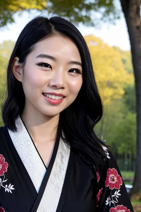 arafed asian woman in a black kimono with a red flowered design