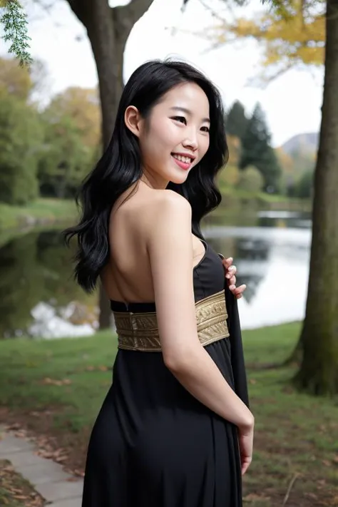 arafed asian woman in a black dress standing by a lake