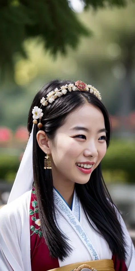 a close up of a woman wearing a white and red dress