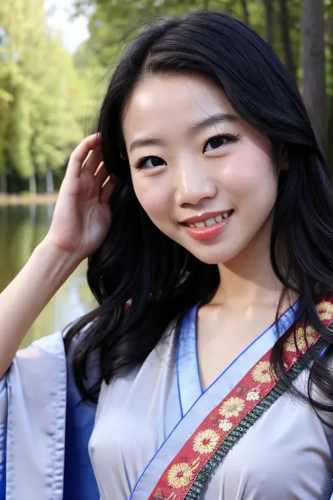 arafed asian woman in a blue and red kimono