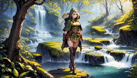 a woman in a green outfit standing on a rock near a waterfall