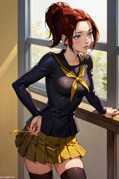 <lora:CARTOON_X_MEN_Evolution_KittyPryde_ownwaifu:0.7> KittyPryde_Dress_ownwaifu, 1girl, brown hair, ponytail, jewelry, blue eyes,  lipstick,long sleeves, lips, long hair, medium breasts, blush, hair bun,  <lora:YasogamiSchoolUniform:1> YasogamiFemaleWinter, black shirt, long sleeves, black sailor collar, yellow neckerchief, grey skirt, black thighhighs,, absurdres, ultra detailed, masterpiece, best quality, aesthetic, detailed,