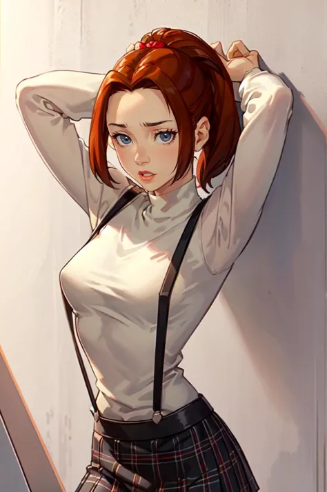 <lora:CARTOON_X_MEN_Evolution_KittyPryde_ownwaifu:0.7> KittyPryde_Dress_ownwaifu, 1girl, brown hair, ponytail, jewelry, blue eyes,  lipstick,long sleeves, lips, long hair, medium breasts, blush, hair bun,   <lora:ShuujinAcademySchoolUniform:0.9>  GirlSuspenders, white turtleneck, suspenders, plaid skirt,, absurdres, ultra detailed, masterpiece, best quality, aesthetic, detailed,