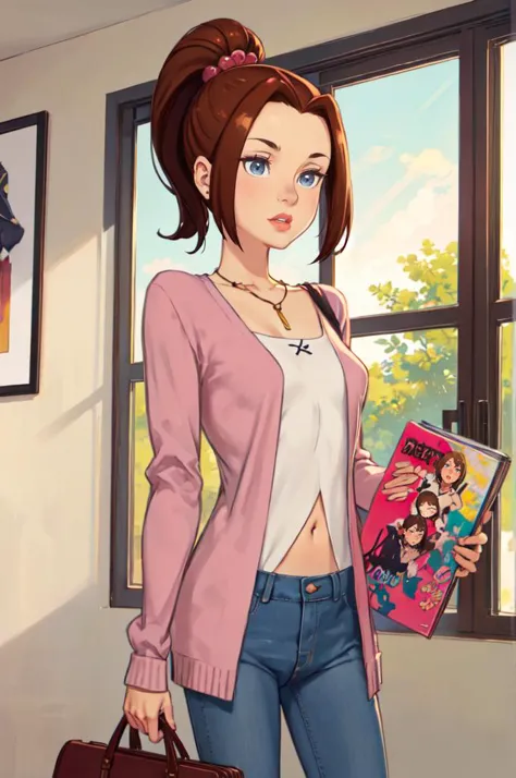 a woman in jeans and a pink cardigan holding a book