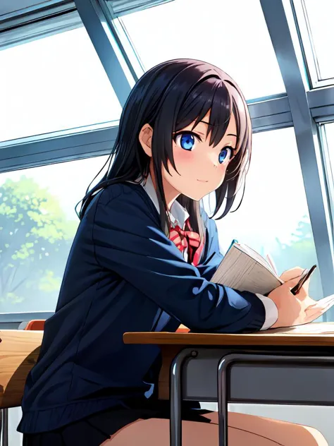 anime girl sitting at a desk with a book and pen