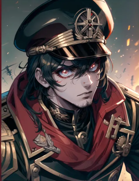 warhammer_40k_commissar,((masterpiece)), (best quality), (detailed), black uniform, mascara, eyeliner, eye shadow, upper body, lipstick, 1boy, 1man, propaganda poster, angry, stubble,
 <lora:warhammer40commissarv2:0.4> <lora:add_detail:0.5> <lora:beautifulDetailedEyes_v10:0.6>, (8k uhd, masterpiece, best quality, high quality, absurdres, ultra-detailed)