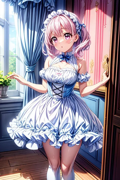 (masterpiece, best quality), 1girl, blue and white frill dress, (white stockings), pink hair, cute face, standing, indoor, intri...