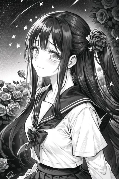 anime girl with long hair and a bow in a field of roses