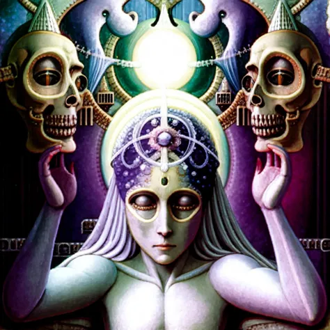 painting of a woman with a skull head and a lot of skulls