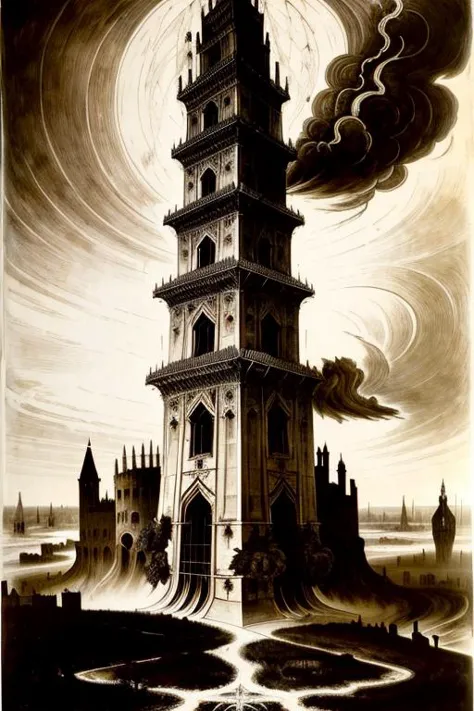 a drawing of a tower with a clock on top of it