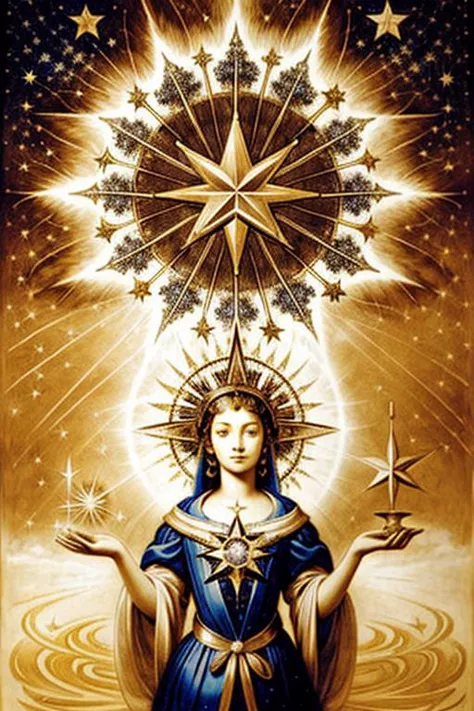 a painting of a woman holding a star above her head