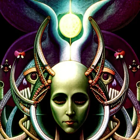 painting of a woman with a green alien head and a green alien face