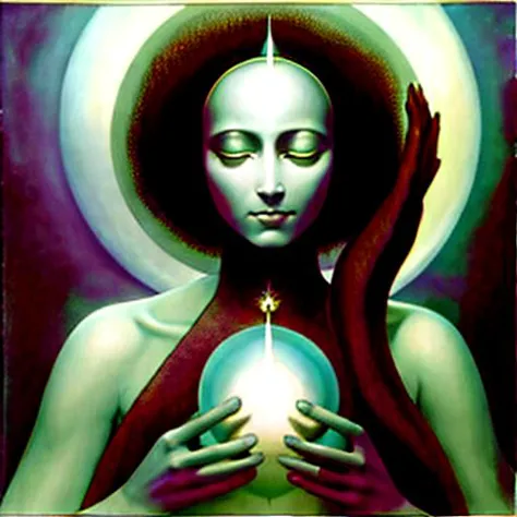 a painting of a woman holding a crystal ball in her hands