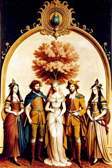 a painting of a group of people standing next to each other