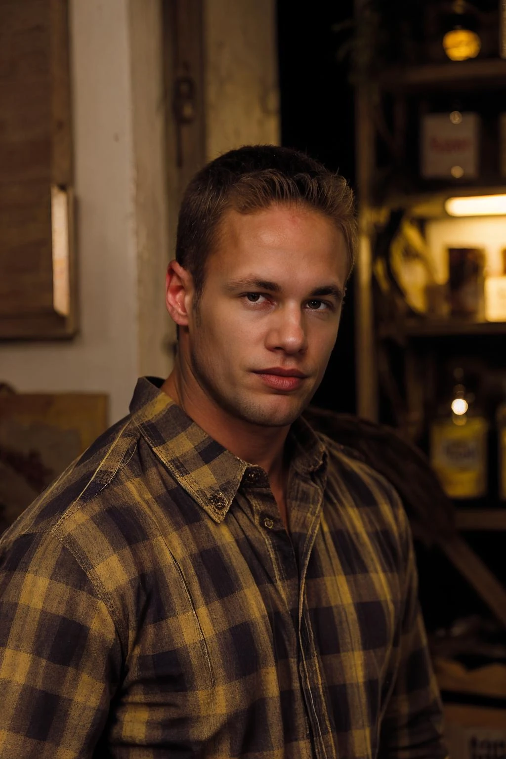 RAW Photo, photo of man matthew_rush at night wearing plaid shirt with