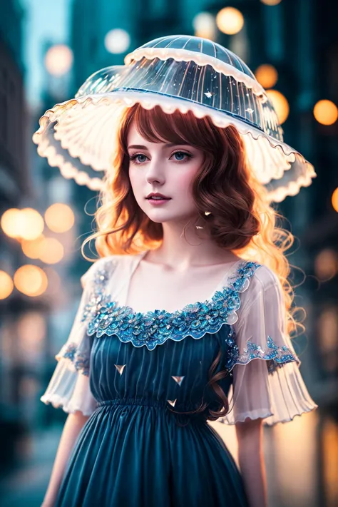 (extremely detailed cg unity 8k wallpaper), a beautiful young woman in the rain with (jellyfish hat:1.2), sundress, (style-empir...