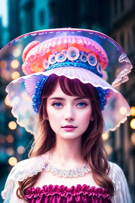 (extremely detailed cg unity 8k wallpaper), a beautiful young woman in the rain with (jellyfish hat:1.2), sundress, (style-empir...