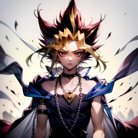 ((masterpiece, best quality)),(complex light),1boy, solo , yugi muto, black hair,  jacket on shoulders,  necklace, giant necklace,chain